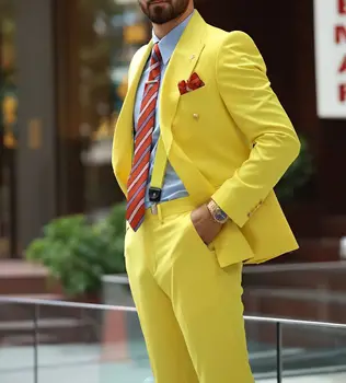 Желтые Двубортные костюмы для мужчин, Свадебная деловая одежда для вечеринок, Смокинг на заказ, Новое поступление, пиджак + брюки из 2 предметов, Костюм Homme