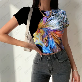 Женская летняя новая модная футболка с цветным портретом с 3D-принтом, футболка с коротким рукавом, Женский пуловер с круглым вырезом, сексуальный топ в стиле