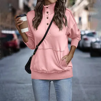 Женская однотонная толстовка, вязаный свитер в стиле пэчворк, Дизайн карманов, Топы с лацканами на пуговицах, модные уличные пуловеры