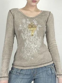 Женская рубашка с длинным рукавом, топы с цветочным принтом и V-образным вырезом, повседневный пуловер для осеннего клуба, уличная одежда, эстетичная одежда
