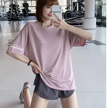 Женская спортивная футболка, свободная блуза для бега, летняя тонкая одежда для йоги с короткими рукавами, Быстросохнущая одежда для фитнеса большого размера, топ