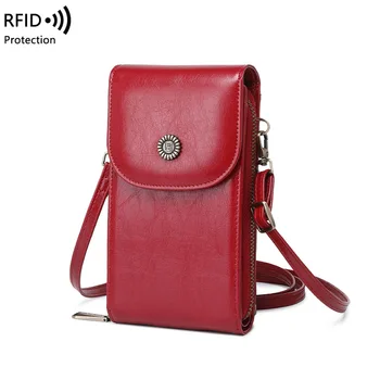 Женская сумка через плечо RFID из масляно-восковой кожи с вертикальным карманом для телефона, мини-сумка на одно плечо, повседневная ретро-сумочка-портмоне, Сумочка