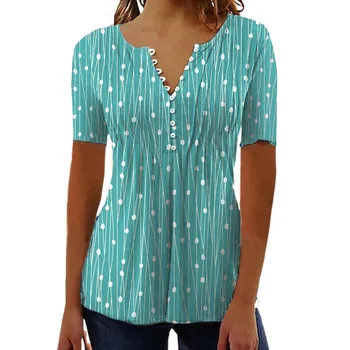 Женская футболка, Летняя футболка с коротким рукавом, топы с принтом в горошек, женские сексуальные пуговицы с V-образным вырезом, повседневные модные блузки Оверсайз 2023 г.