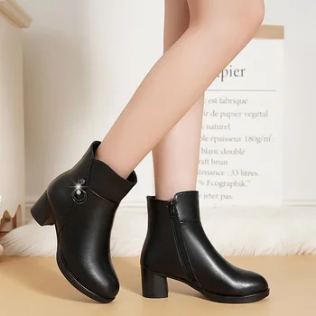 Женские ботильоны Maogu на высоком каблуке, черные туфли на молнии, теплые шерстяные зимние ботинки для женщин, новинка 2023 года, мода на мягкую кожу
