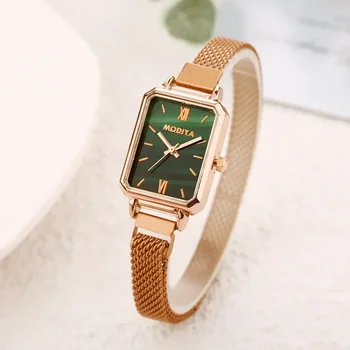 Женские часы Reloj Mujer Квадратные женские кварцевые часы С магнитным ремешком, Зеленый циферблат, простая сетка из розового золота, Роскошные женские часы