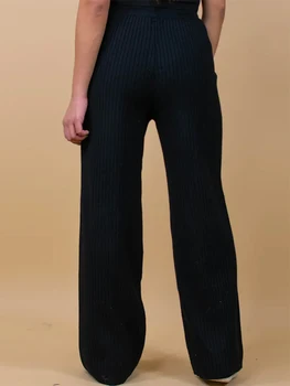 Женские широкие трикотажные брюки в рубчик, повседневный свободный крой, свитер с высокой талией, брюки-палаццо с эластичным поясом на завязках