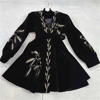Женское бархатное платье a lien с вышивкой черным поясом и длинными рукавами