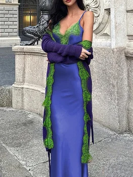 Женское Макси-платье на бретельках без рукавов, кружевное облегающее длинное платье в стиле пэчворк, сексуальное коктейльное платье для летней вечеринки с открытой спиной