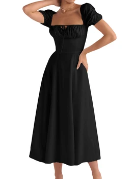 Женщины Y2K квадратная низкая образным вырезом с коротким рукавом бюстье длинное платье с рукавом с рюшами Cottagecore макси сарафан