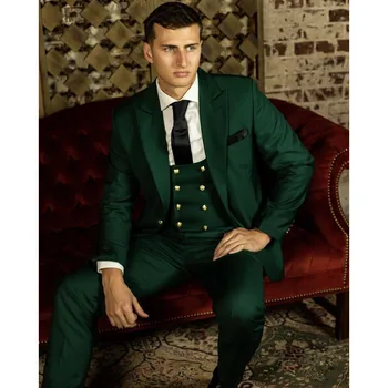 Зеленые костюмы для мужчин, Элегантный Свадебный костюм бойфренда, однобортный пиджак с вырезами на лацканах, Брюки, жилет, три предмета одежды, Veste Homme Luxe