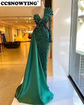Зеленые платья для выпускного вечера с длинным рукавом на одно плечо, атласные аппликации, вышитые бисером, вечернее платье с высоким разрезом, вечернее платье Robe De Soiree