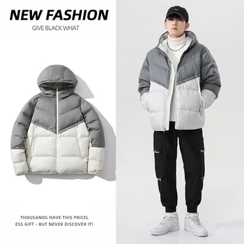Зимнее новое хлопковое пальто с цветным блоком, куртка унисекс с капюшоном, модное брендовое пальто свободного кроя.
