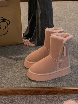 Зимние ботинки Женские низкие ботинки Австралия, сабо на молнии, сапоги на платформе с круглым носком и плоским каблуком-женские ботильоны 2023 года, розовая зимняя резина