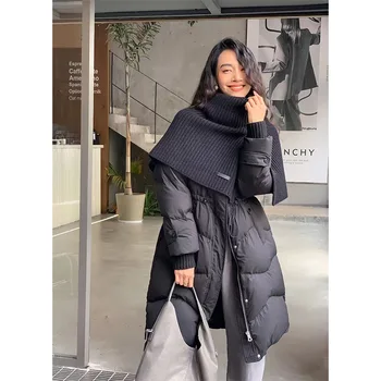 Зимний модный Европейский Вязаный шарф-шаль, новое Женское пуховое пальто, приталенное и теплое пальто