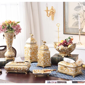Золотая медь с фарфором роскошная ваза для фруктов, коробка для салфеток, украшения для гостиной, крыльца, украшения