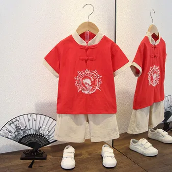 Китайский традиционный костюм эпохи Тан для мальчиков и девочек, топ с принтом дракона, штаны с короткими рукавами, комплект из 2 предметов, комплекты детской одежды на китайский Новый год