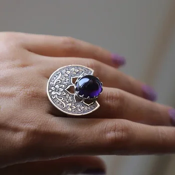 Кольца GSOLD в стиле ретро с фиолетовым камнем в готическом стиле, серебряное кольцо с резным цветком в форме веера на палец для женщин, ювелирные изделия для вечеринок