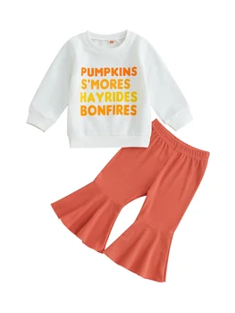 Комплект костюма для Хэллоуина для милой маленькой девочки, очаровательная толстовка с принтом тыквы и стильные леопардовые расклешенные брюки, комплект из 2 предметов