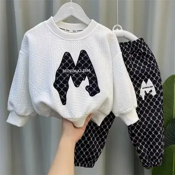 Комплект одежды для мальчиков, весенне-осенний новый детский модный повседневный свитер, брюки, Корейский повседневный спортивный комплект из 2 предметов