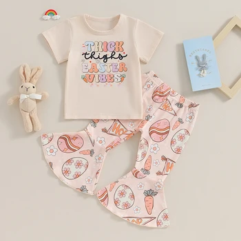 Комплект Одежды из 3 предметов для маленьких девочек, футболка, расклешенные брюки с повязкой на голову, одежда для младенцев
