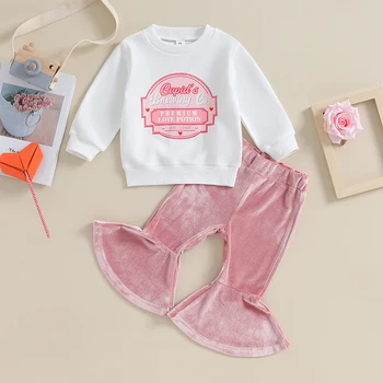 Комплект Одежды на День Святого Валентина для маленьких девочек из 2 предметов, толстовка с длинными рукавами и рисунком, бархатные брюки-клеш, Осенний комплект одежды