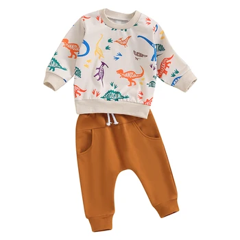 Комплект одежды с динозавром для маленьких мальчиков, милый комплект брюк, толстовка с длинными рукавами и принтом динозавра, однотонные брюки, 2 шт.
