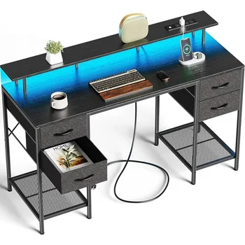 Компьютерный стол Huuger 55 дюймов, 4 ящика, игровой стол, светодиодные лампы и розетки, Стол для домашнего офиса, Большое пространство для хранения в спальне