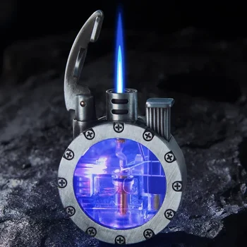 Креативная Газовая Зажигалка с Прозрачной воздушной камерой в стиле Ретро с прямым Впрыском, Индивидуальное Направление, Необычная Зажигалка с Прозрачным Синим Пламенем