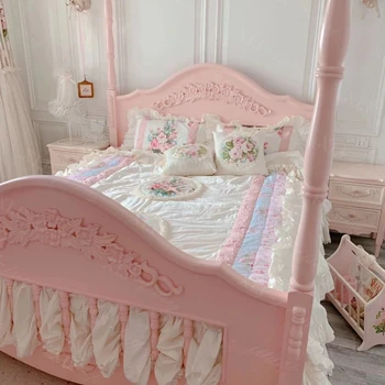 Кровать принцессы из массива дерева Palace, Модная и минималистичная Детская комната, Розовая кровать для дочери 1,5 м, 1,8 м, Твин