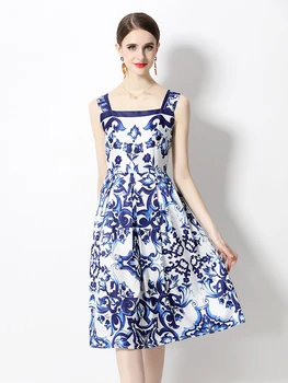 Летнее Сине-Белое Фарфоровое платье для подиума, Женское платье на бретельках, с вырезом лодочкой, без спинки, с цветочным принтом, Миди-вечеринка, Vestidos M3958