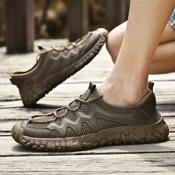 Летняя новая мужская повседневная обувь из натуральной кожи, Универсальная обувь с дышащей сеткой для мужчин, кроссовки, уличная походная обувь
