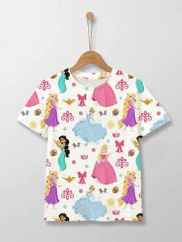 Летняя Новая футболка с принтом принцессы Диснея с круглым вырезом и коротким рукавом для девочек на день рождения, повседневные топы с милыми героями мультфильмов для девочек