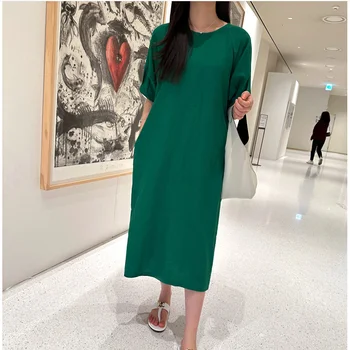 Лето 2023, Новый Корейский стиль, Повседневный большой размер, Однотонное модное платье с короткими рукавами, Хлопковое льняное Женское платье X7940