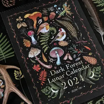 Лунный Календарь Темного Леса на 2024 год Оригинальный Иллюстрированный Настенный Календарь Для Офиса Дома Настенный Кулон Искусство Лунный Календарь Креативные Подарки