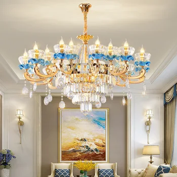 Люстры для гостиной в европейском стиле, Голубая Керамическая Хрустальная лампа, Двухуровневая вилла, Семейный Декор, Потолочная лампа двойного назначения