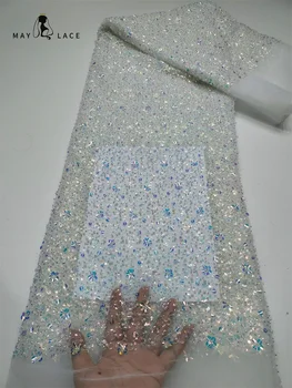 Майское кружево, Африканская кружевная ткань с пайетками 2023, высококачественная кружевная ткань из французского бисера для жениха для пошива роскошного свадебного платья