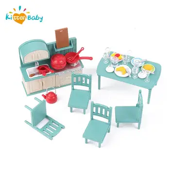 Милый кавайный Миниатюрный кухонный шкаф, Кухонные принадлежности, Обеденный стол, набор стульев, Мебель для кукольного домика, аксессуары для детей, Игрушки