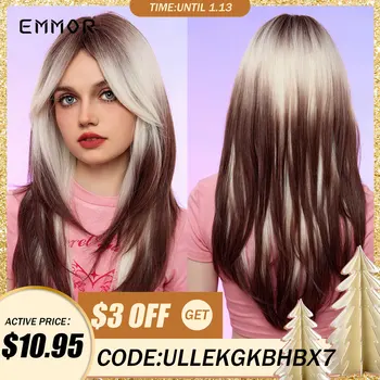 Многослойные синтетические парики Emmor Blonde для женщин, длинные прямые парики с коричневым мелированием и челкой, Термостойкие волосы Balayage
