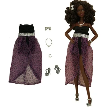 Модные фиолетово-черные леопардовые наряды для куклы Барби, платье-ожерелье, Обувь для куклы Барби, Комплект одежды 1/6, Аксессуары для кукол, Игрушки