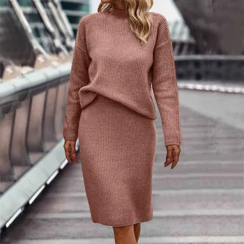 Модный женский осенне-зимний однотонный комплект из свитера с длинными рукавами и высоким воротом 2024 года, новый костюм-двойка