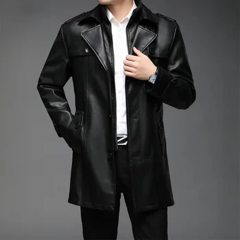 Мужская куртка из натуральной кожи, осенне-весенние кожаные куртки для мужчин, повседневное пальто средней длины, ветровка с воротником для костюма Jaqueta Masculina