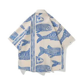 Мужская пляжная рубашка с 3D рыбным принтом, мужской топ для отдыха, мужской топ для отдыха с лацканами