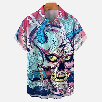 Мужская рубашка оверсайз с 3D принтом ужасного черепа, летняя модная гавайская рубашка с отворотом, короткий рукав, Повседневная одежда, мужские блузы