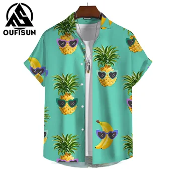 Мужская рубашка с ананасом, летний топ с лацканами и коротким рукавом, модная повседневная одежда для отдыха на берегу моря, Новая рубашка на пуговицах 2024 года для мужчин, Гавайская блузка