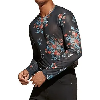 Мужская футболка с длинными рукавами и сетчатым цветочным принтом Wepbel Y2K Большого размера, Черная Микропрозрачная Универсальная Стрейчевая Нижняя рубашка, Мужская