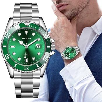 Мужские часы от ведущего бренда YOLAKO, роскошные модные зеленые часы для мужчин, повседневные спортивные часы, мужские кварцевые часы с датой из нержавеющей стали