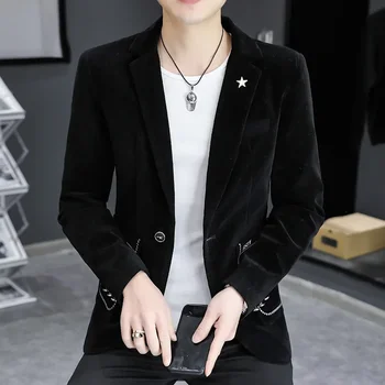 Мужской бархатный пиджак-блейзер, новый высококачественный Корейский стиль, модный однотонный повседневный приталенный Мужской пиджак, мужская одежда