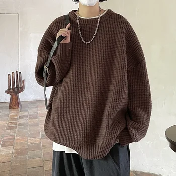 Мужской вафельный свитер с круглым вырезом, Однотонные свободные Мужские вязаные пуловеры, Модная мужская зимняя одежда в корейском стиле