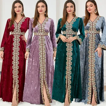 Мусульманские абайи для женщин, легкое Роскошное Индийское платье из Дубая, мусульманское вельветовое платье, платье с вышивкой, Модное платье с разрезом и длинными рукавами