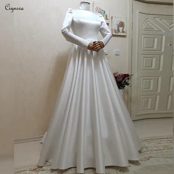Мусульманские Свадебные платья Ciynsia С Длинными рукавами, Свадебное Платье с Вуалью, Атласное Простое Платье для невесты Трапециевидной формы, Vestido De Novia 2024